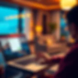 A person booking a hotel online while using Bitcoin on a laptop, with a hotel image in the background, symbolizing modern travel payments.