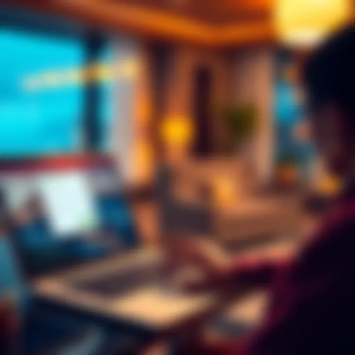 A person booking a hotel online while using Bitcoin on a laptop, with a hotel image in the background, symbolizing modern travel payments.