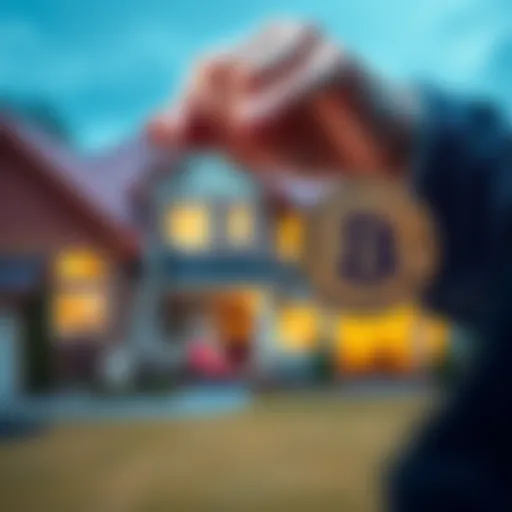 A person holding a house key in one hand and a Bitcoin in the other, symbolizing investment choices.