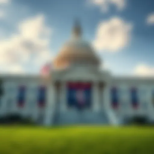 House of Representatives building with banners for CLARITY Act hearing on July 17, featuring President Trump advocating for passage