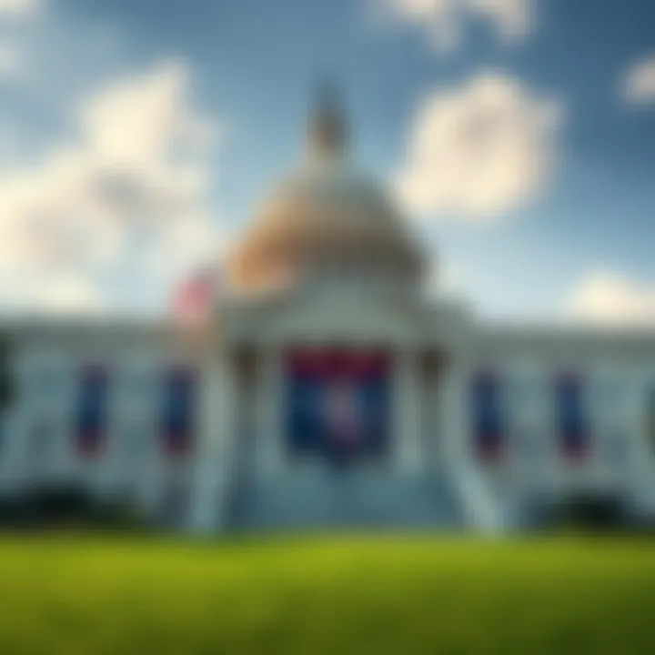 House of Representatives building with banners for CLARITY Act hearing on July 17, featuring President Trump advocating for passage