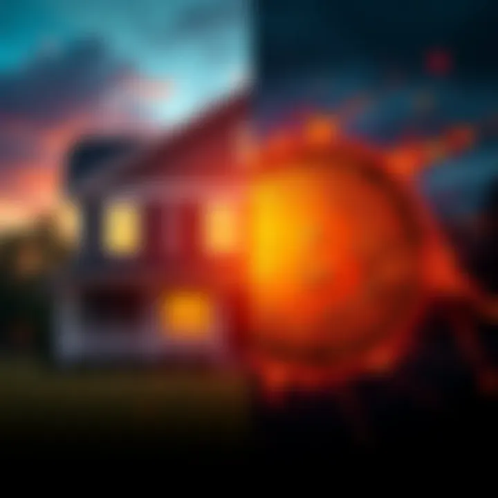 A split image showing a house on one side and a Bitcoin symbol on the other side, illustrating the choice between real estate and cryptocurrency investments.