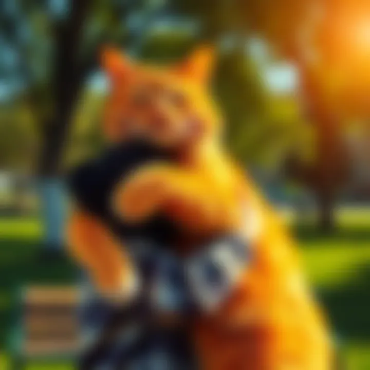 A person joyfully hugging a large orange cat in a sunny park