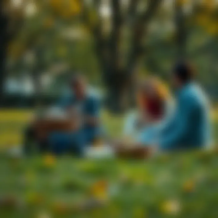 Humble lifestyle choice A group of friends enjoying a simple picnic in a park, emphasizing their modest lifestyle despite financial success