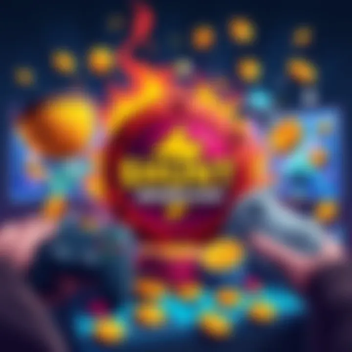 Colorful illustration featuring $HUNT memecoin logo with coins and gaming elements, showcasing rewards and community activities.