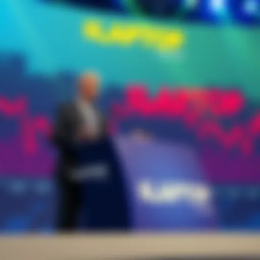 Hunter Biden introducing $LAPTOP crypto coin Hunter Biden stands at a podium, promoting the $LAPTOP cryptocurrency, with graphs showing a steep decline in value in the background