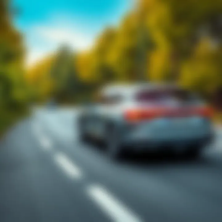 A modern hybrid car driving on a highway surrounded by green trees, symbolizing eco-friendliness and efficiency.