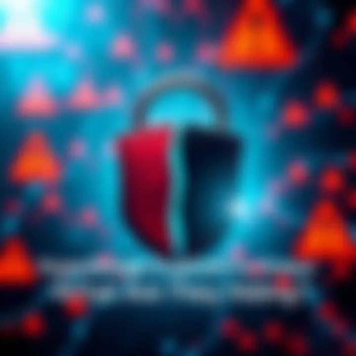 A graphic showing a lock and a broken shield symbolizing security issues in technology. The background highlights a digital network with warning signs.