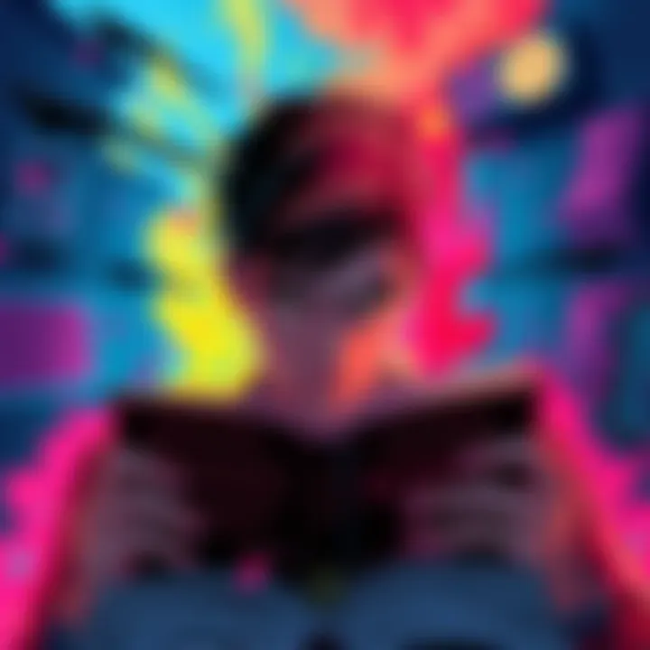 Cover illustration of Hyperion A person reading Hyperion with an intense expression, surrounded by vibrant colors representing its engaging story.