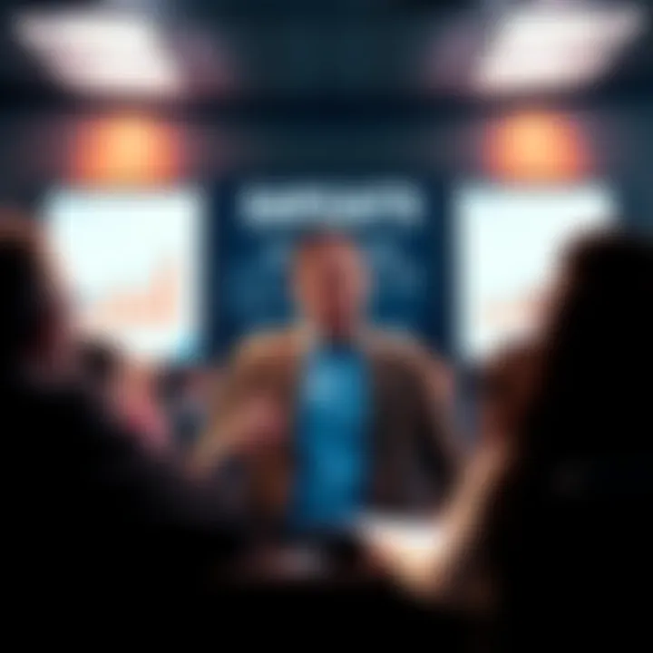 Iagon's CEO at a press conference surrounded by concerned people and charts showing storage capacity issues