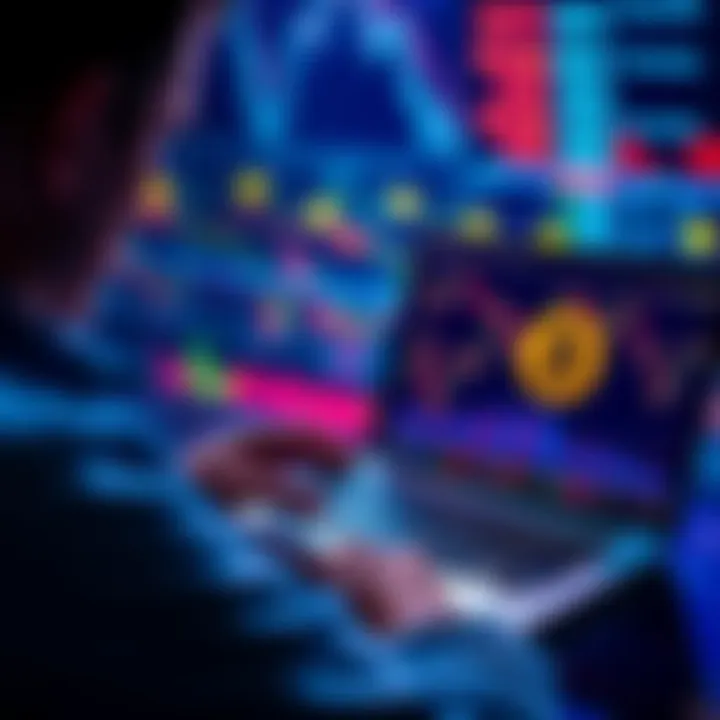 A person examining a chart of Bitcoin prices with a laptop showing the IBIT Bitcoin ETF logo