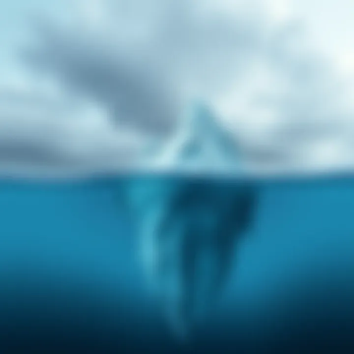 Iceberg Above Water An iceberg with a small visible part above water and a large part submerged, representing hidden truths.