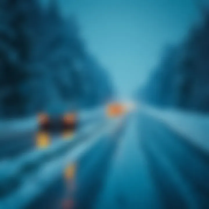 A road covered in ice and snow with trees on the side, indicating severe winter weather