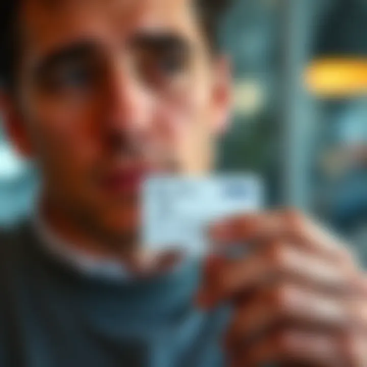 Person holding an Icy White Visa card A close-up of a person holding an Icy White Visa card with a thoughtful expression, considering their options.