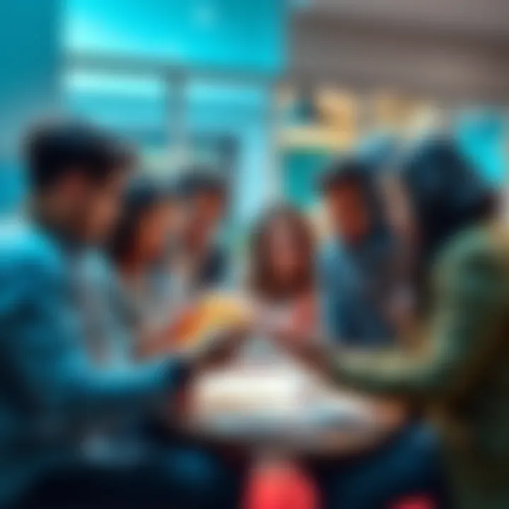 A group of aspiring leaders discussing strategies in a community setting, analyzing maps and notes to find unique locations for potential mayorship.