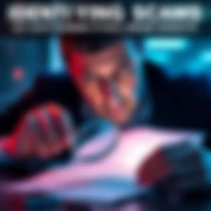 A person examining a document with a magnifying glass, looking for signs of authenticity or fraud.