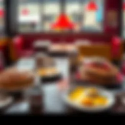 A table set with breakfast dishes from IHOP and Denny's, showcasing pancakes, eggs, and coffee