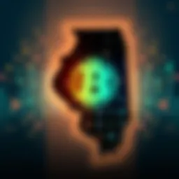 A graphic showing the Illinois state outline with cryptocurrency symbols and a tax symbol overlay, illustrating the new crypto tax law
