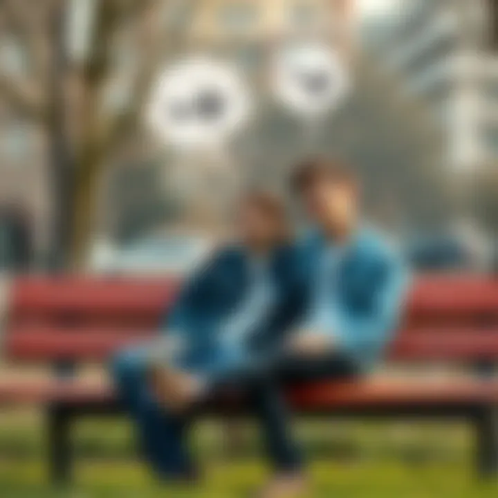 A young man sitting on a park bench, smiling while talking to an invisible girlfriend, with thought bubbles showing dreams like travel and career goals.