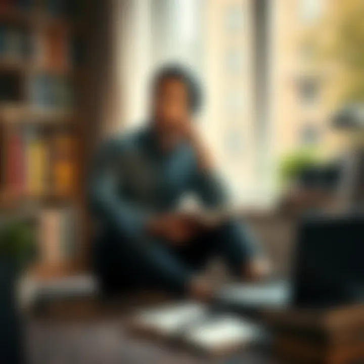 Imen Achâ Renou sitting thoughtfully with a notebook, reflecting on unique ideas, surrounded by books and a laptop, evoking a sense of deep thinking.