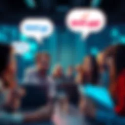 A group of people engaged in conversation, using smartphones and laptops, with speech bubbles showing the phrase 'Well gg'.