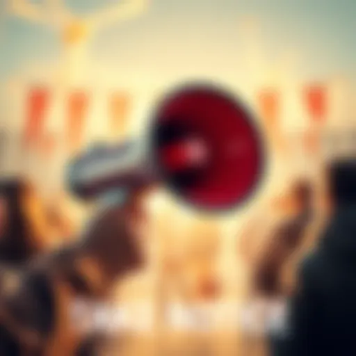 A person holding a megaphone to share a community announcement with a group of people gathered around
