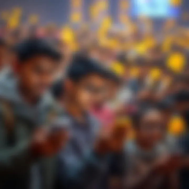 Crowd of young people using smartphones with cryptocurrency symbols around them