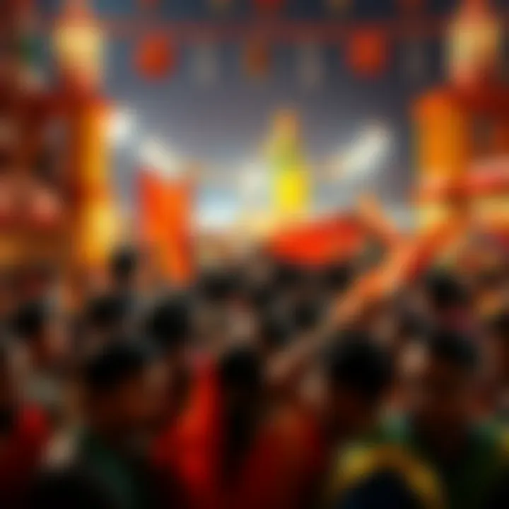 A diverse group of people celebrating a colorful festival in India with traditional attire and decorations.