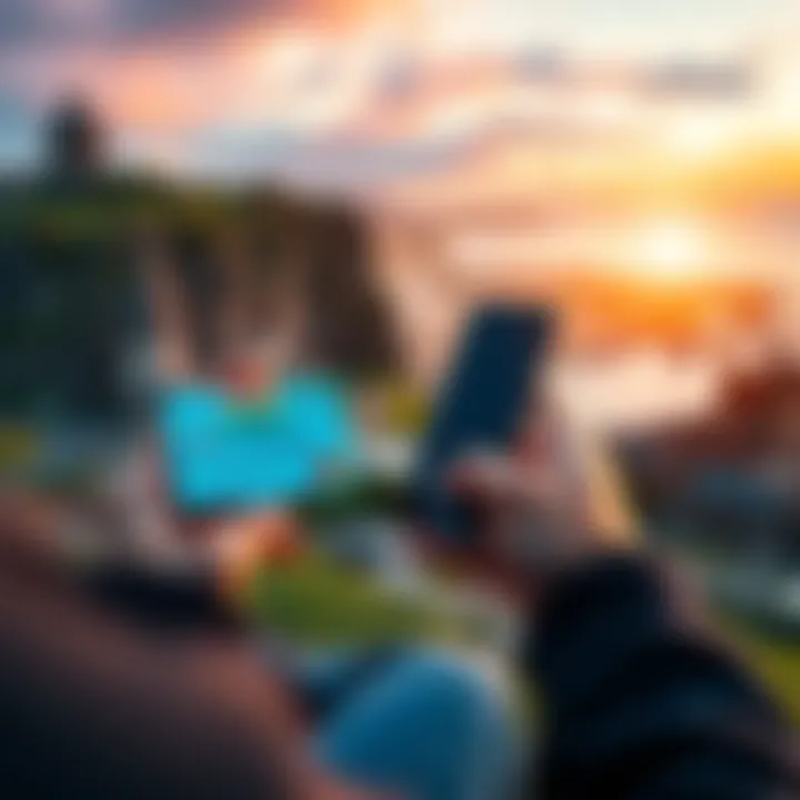 Adding Indian Forex Card to Revolut A person holding an Indian forex card while using a smartphone to access the Revolut app, with a scenic view of Ireland in the background.