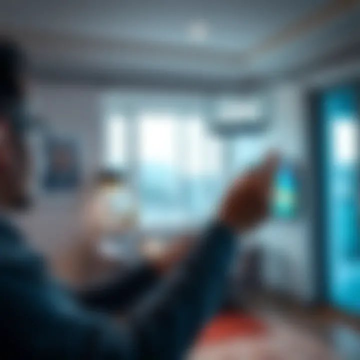 A person adjusting a WiFi router in a room to enhance internet signal strength