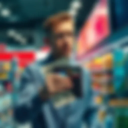 A visual representation of inflation depicting a man looking worried while holding a shrinking wallet surrounded by rising prices at stores.