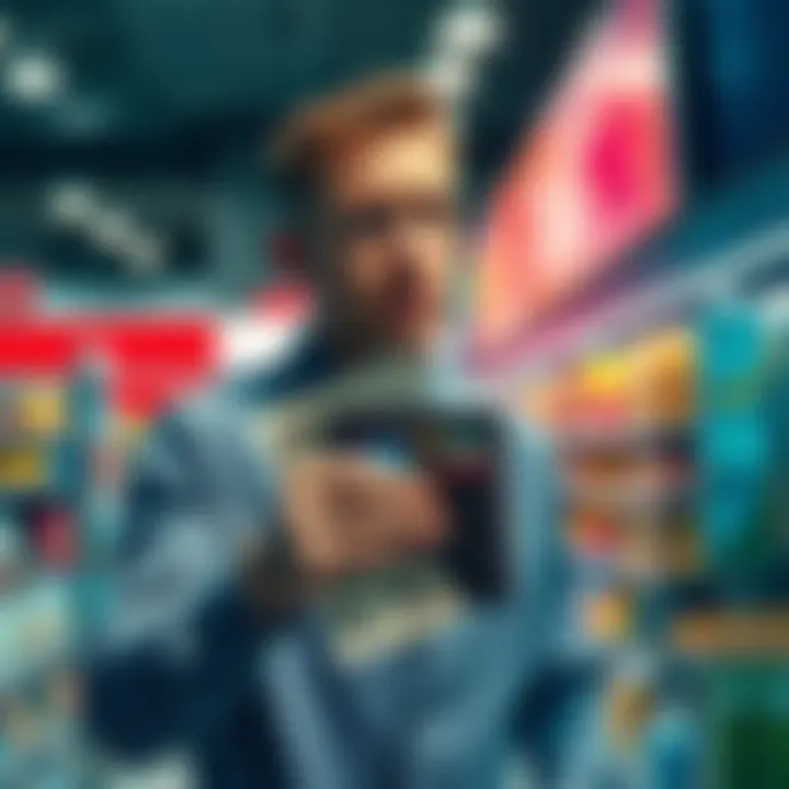 A visual representation of inflation depicting a man looking worried while holding a shrinking wallet surrounded by rising prices at stores.