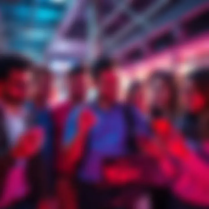 Group of influencers with smartphones highlighting Pi2day developments in a vibrant setting