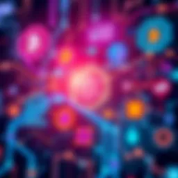 A digital representation showing various blockchain technologies with symbols for speed, scalability, and low fees, highlighting innovative features in a vibrant color scheme.