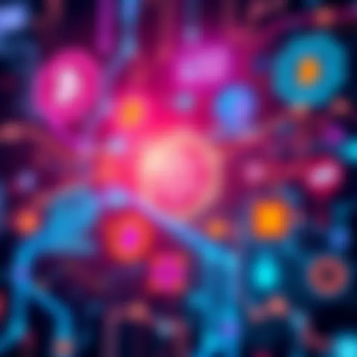 A digital representation showing various blockchain technologies with symbols for speed, scalability, and low fees, highlighting innovative features in a vibrant color scheme.