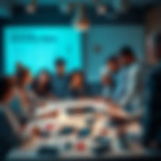 A group of diverse people brainstorming around a table filled with sketches and technology devices, showcasing creativity and teamwork.