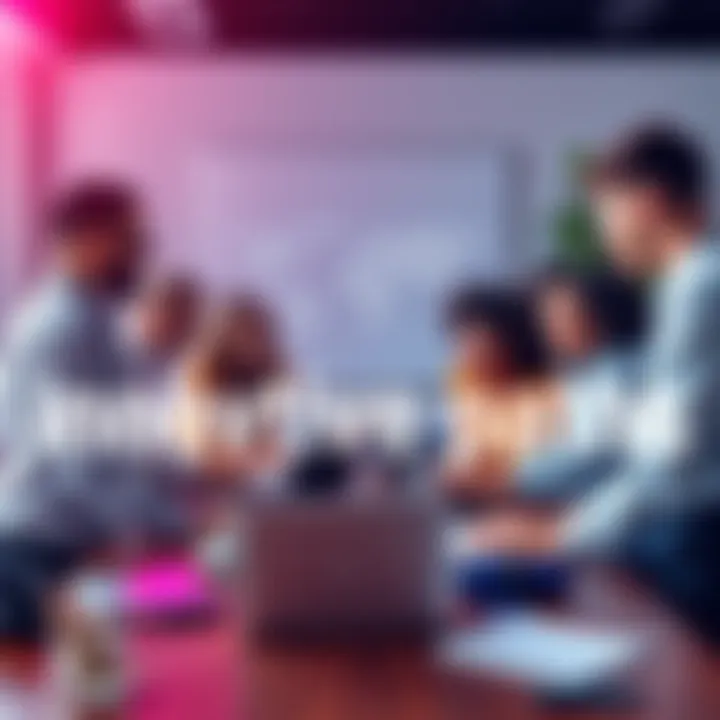 A group of diverse people brainstorming ideas around a table with laptops and notepads, showcasing collaboration in modern innovation.