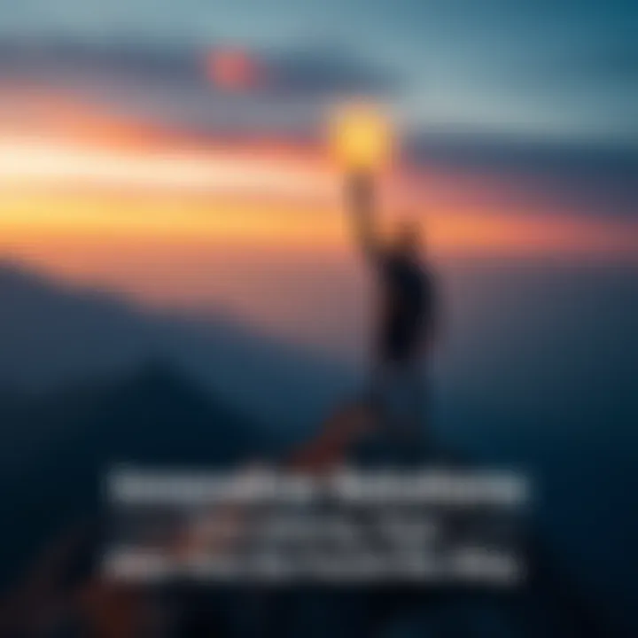 A person standing triumphantly on a mountain peak, holding a light bulb above their head, symbolizing creativity and determination in overcoming challenges.
