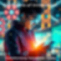 A person interacting with futuristic technology and renewable energy sources, showcasing advancements in AI and green energy.