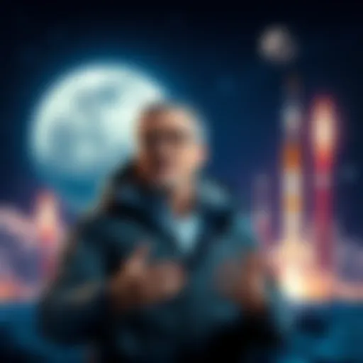 A determined leader with a space background discussing plans for lunar exploration, with a backdrop of the moon and rockets.