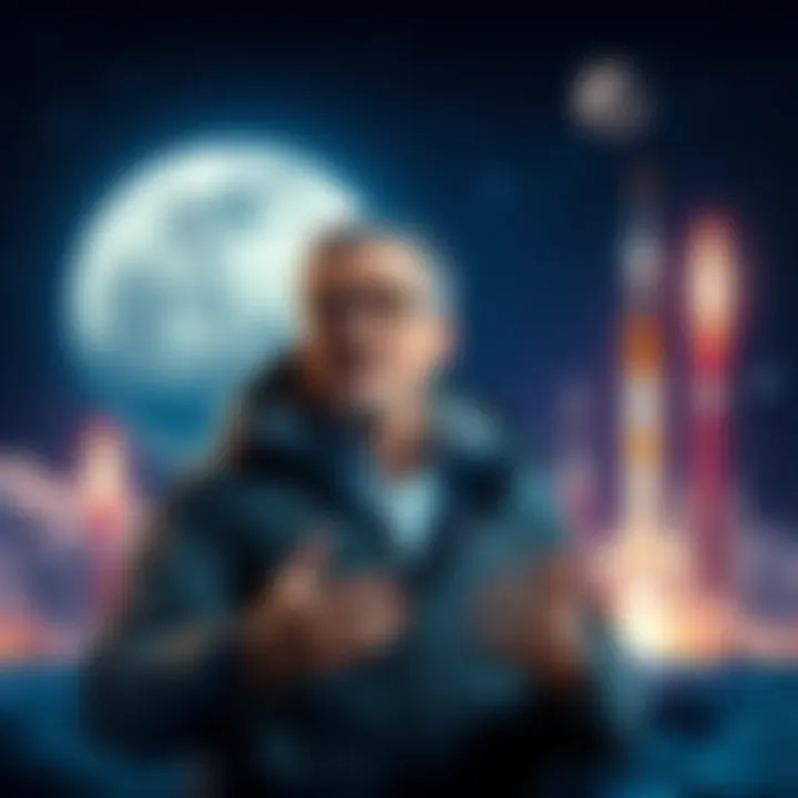 A determined leader with a space background discussing plans for lunar exploration, with a backdrop of the moon and rockets.