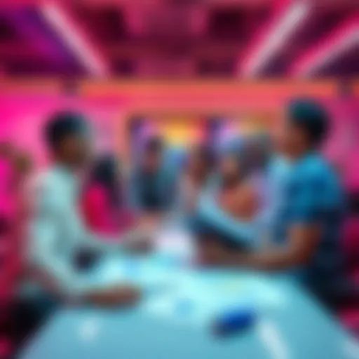 A group of people discussing recent updates in a vibrant office setting, with charts and notes visible on a table.