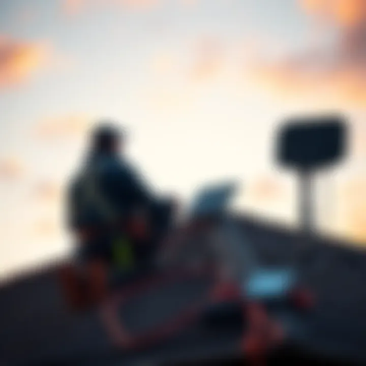 A Texas homeowner setting up a Rak 8dbi antenna on their roof with tools and the Rak V2 device nearby