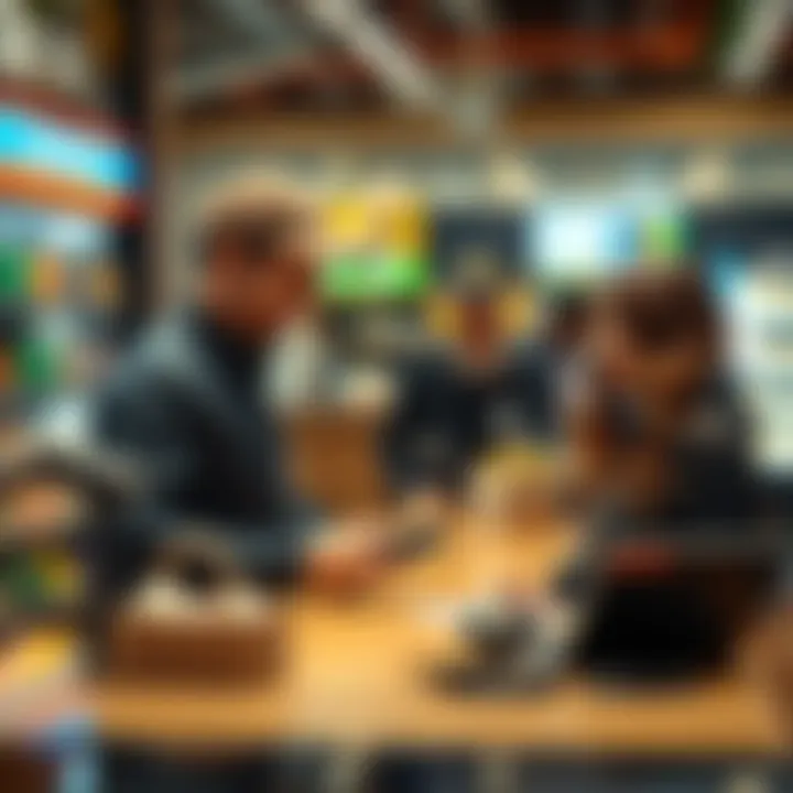 A merchant at a checkout counter using a digital payment device to accept crypto payments, showing a seamless transaction process with a satisfied customer.