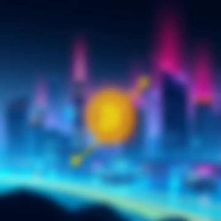 A futuristic city skyline with digital currency symbols intertwined, showcasing growth and innovation in finance.