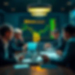 A group of institutional investors analyzing Bitcoin charts and data in a boardroom setting, contemplating significant investments.