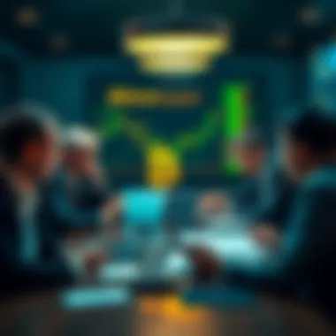 A group of institutional investors analyzing Bitcoin charts and data in a boardroom setting, contemplating significant investments.