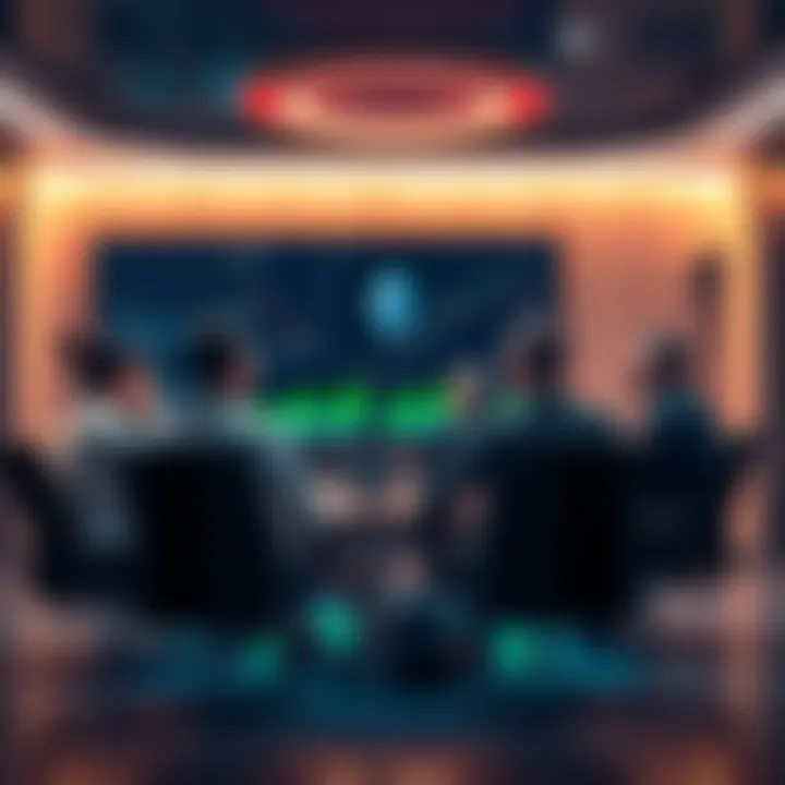 A group of professional investors discussing and analyzing Ethereum market trends in a conference room with charts and graphs on a screen.