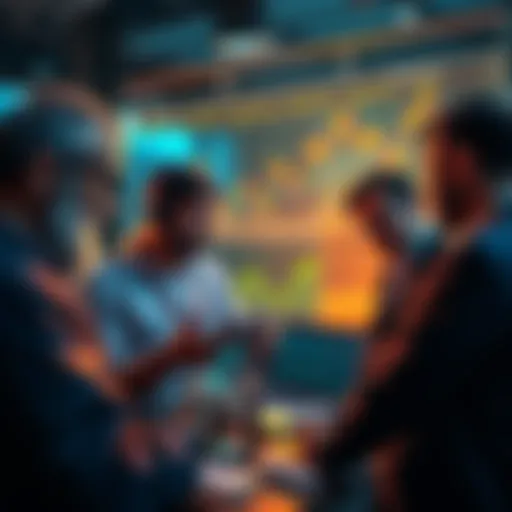 A group of institutional investors reviewing data charts and cryptocurrency trends, concerned about potential market changes.