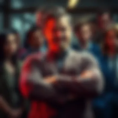 A man with a smug expression crossing his arms, surrounded by annoyed people looking away from him